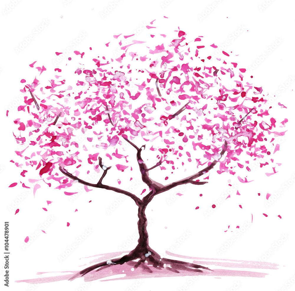 Fototapeta premium Abstract flowering tree. Watercolor painting, the color pink. Isolated on white background