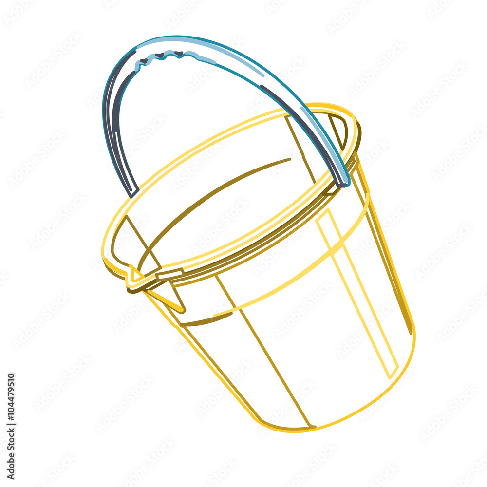 Plastic bucket with blue handle on white, outline classical blue and yellow pail. Construction tools, flatten illustration master vector icon symbol. Plastic bucket with blue handle on white, outline classical blue and yellow pail. Construction tools, flatten illustration master vector icon symbol.