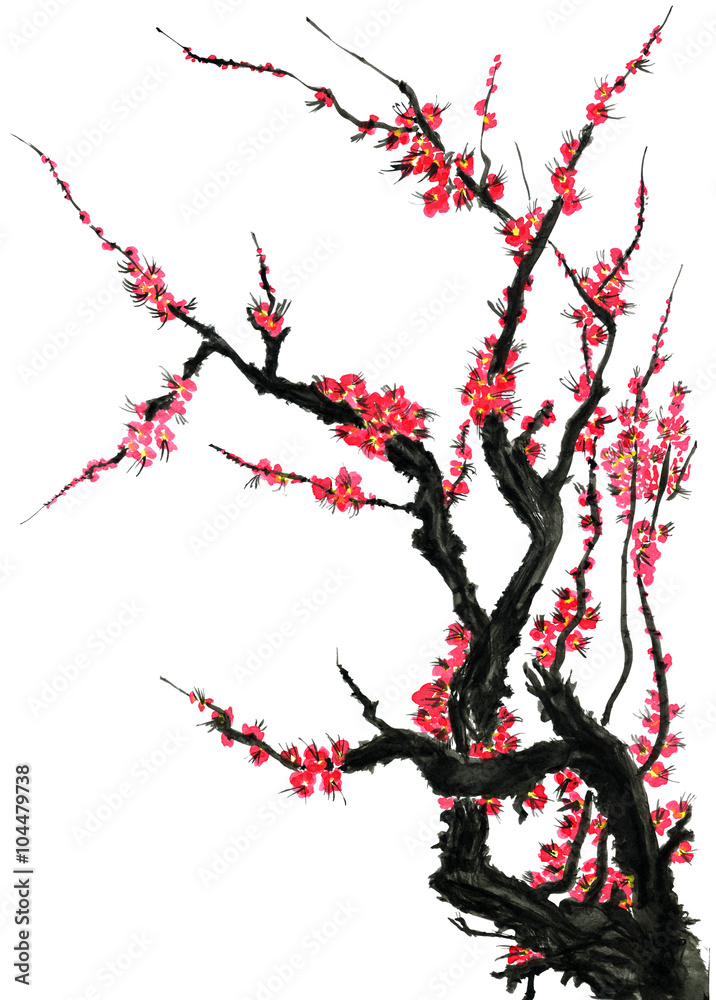 Fototapeta premium A branch of a blossoming tree. Pink flowers of sakura . Watercolor and ink illustration in style sumi-e, u-sin. Oriental traditional painting. Isolated on white background.