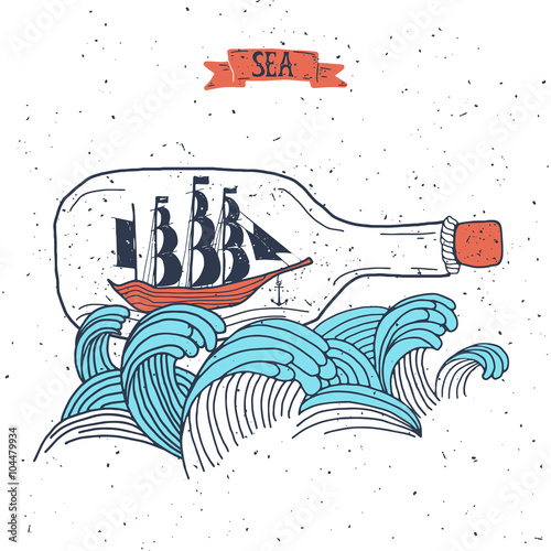 Sailing ship in the bottle, Hand drawn vector illustration for poster, greeting card, t-shirt