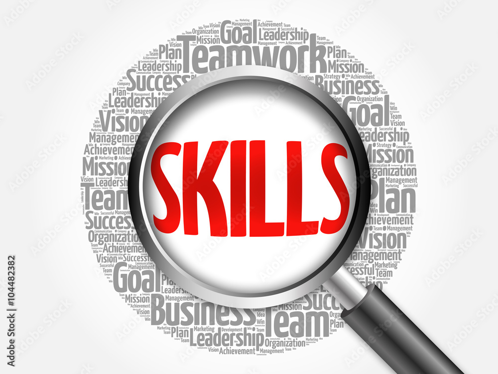 SKILLS word cloud with magnifying glass, business concept SKILLS word cloud with magnifying glass, business concept