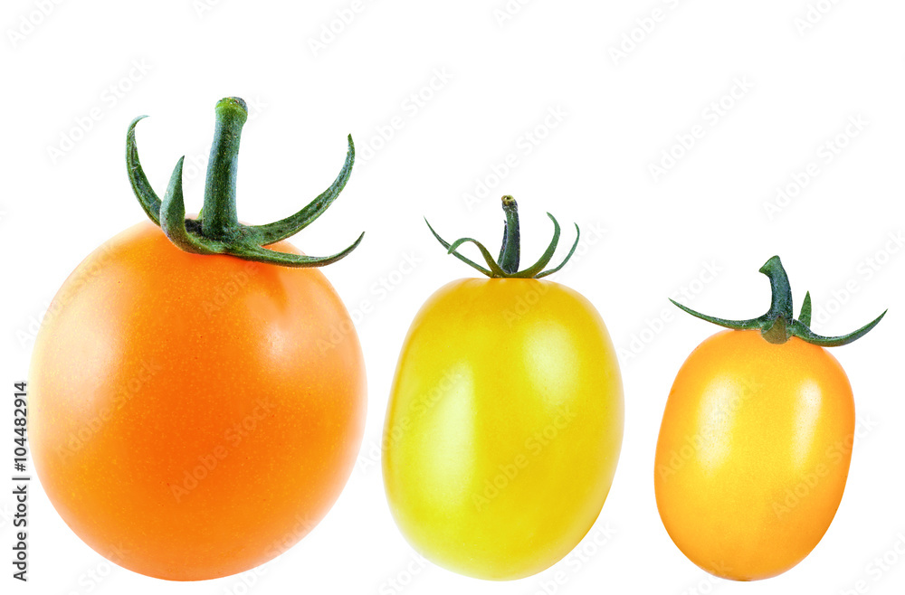 Red and yellow tomatoes, isolate on a white background close-up Red and yellow tomatoes, isolate on a white background close-up