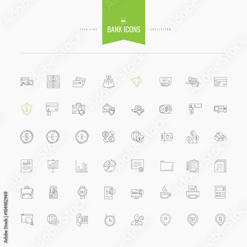 set of thin line flat bank, money and finance icons