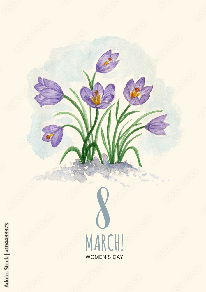 Watercolor greeting card 8 March with crocuses