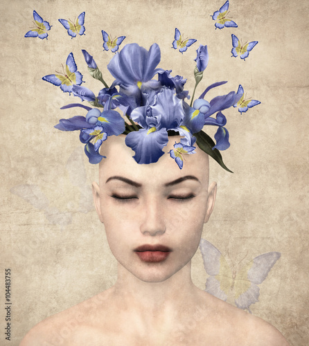 Surreal vintage portrait of a woman with flowers inside her mind