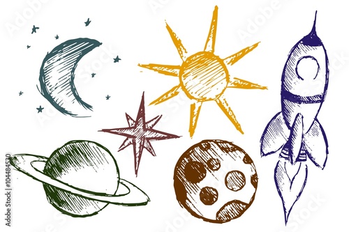 Space objects with rocket.