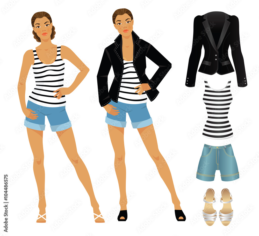 Obraz premium Vector illustration of afro woman in clothes for summer isolated on white background. Look with black jacket, white striped shirt and blue shorts of jeans fabric. Black sandals