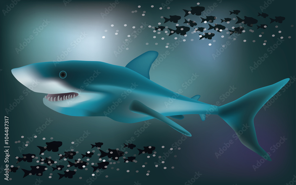 Obraz premium Underwater background with White Shark, vector illustration