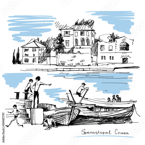 Hand drawn landscapes with seaside view. Boys swimming in the sea. Boats