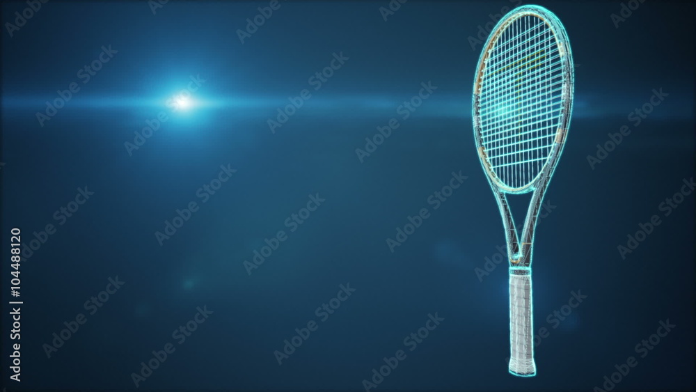 Abstract CGI motion graphics, animated background with wireframe xray turning tennis racket, loop