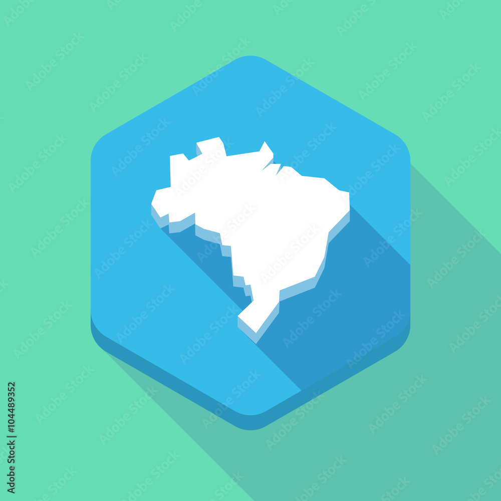 Long shadow hexagon icon with  a map of Brazil