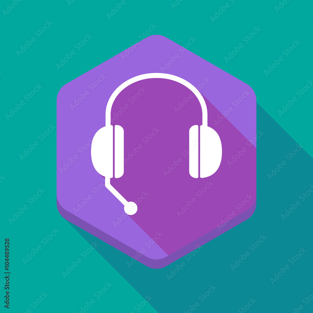 Long shadow hexagon icon with a hands free phone device Long shadow hexagon icon with a hands free phone device