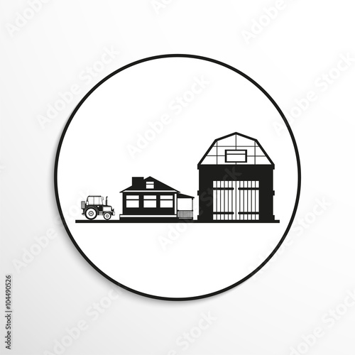 Private house, a barn and a tractor. Vector icon.