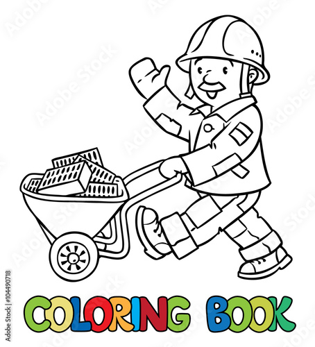 Coloring book of funny worker with cart