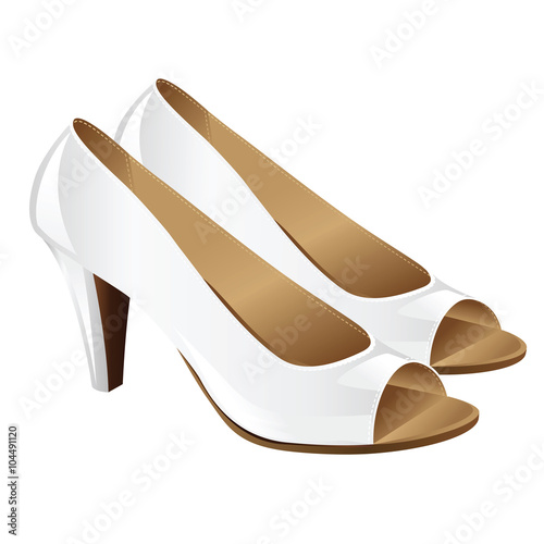 Vector illustration of classic woman shoes on hight heel with open fingers. White elegant official shoes for bride isolated on white background