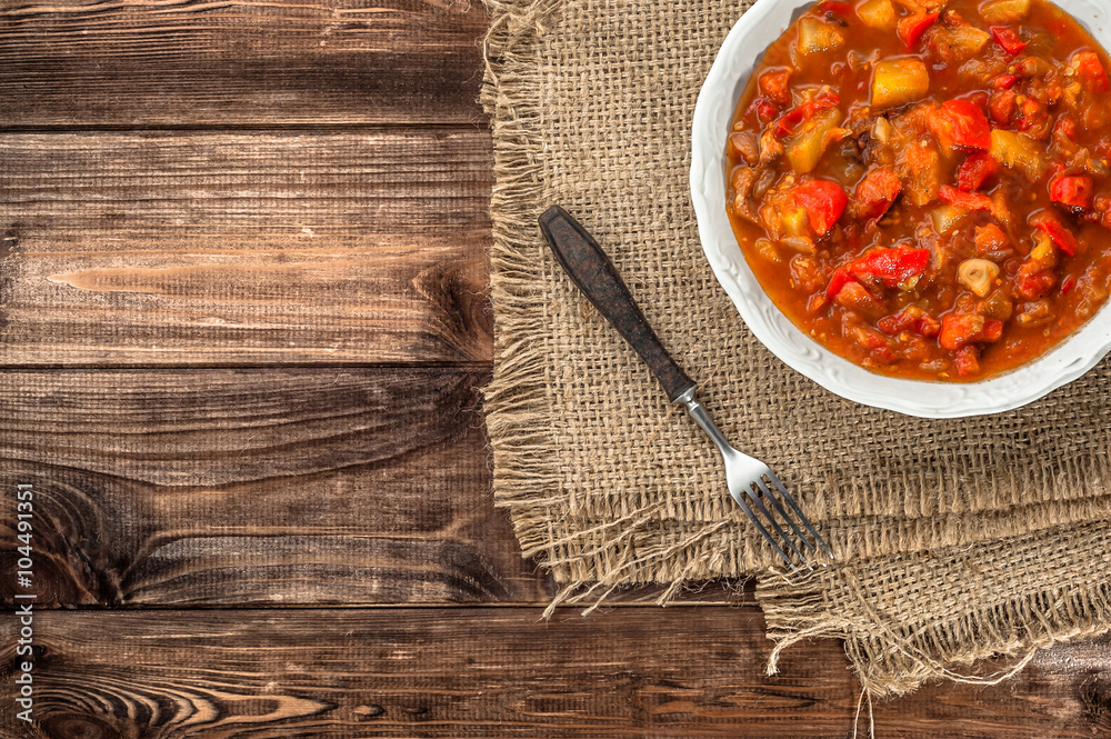 Hungarian stew or lecho with paprika and meat. Hungarian stew or lecho with paprika and meat.