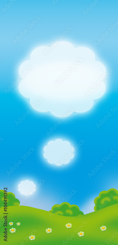 Summer day background with white clouds, green tree, bushes, grass, flowers. Cartoon Illustration For children's holiday Art, Print. Web design.