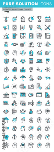 Modern thin line flat design icons set of business strategy, planning, analysis, e-banking, m-banking, investment, human resources, character experience. Outline icon collection for web graphic.