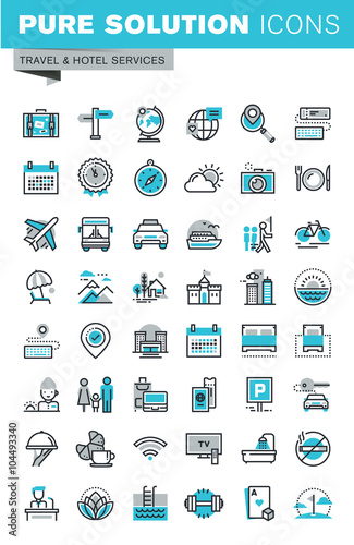 Modern thin line flat design icons set of travel and tourism sign and object, holiday trip planning, hotel services, accommodation. Outline icon collection for web graphic.