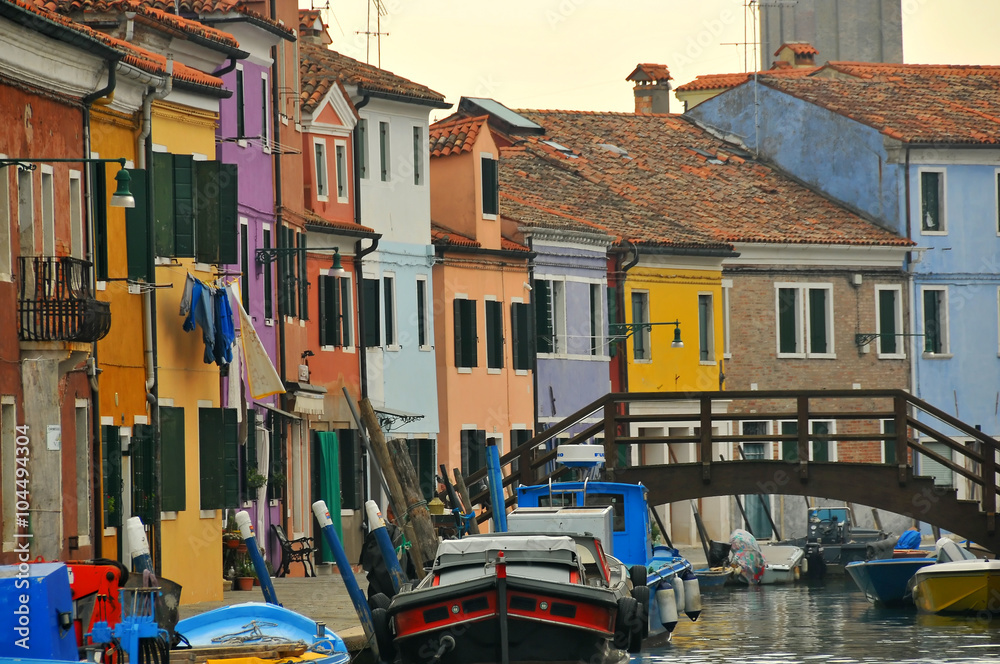 Burano houses and canal in the Venice lagoon