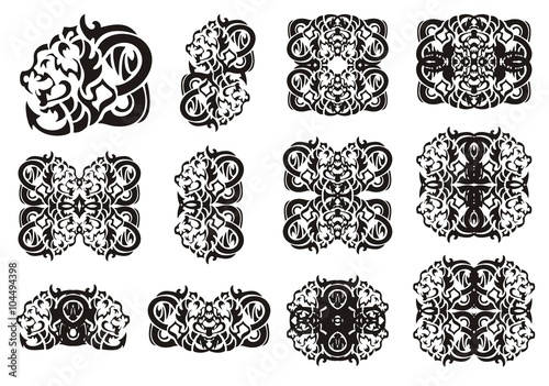 Tribal big freakish dragon set. Ornate twirled dragon with a tail in the form of an arrow, patterns and symbols from him