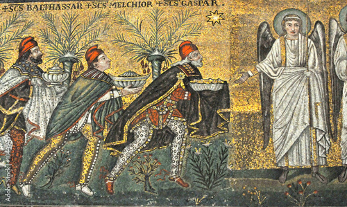 Ancient byzantine mosaic of the Three Magi