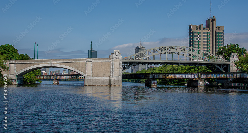 Boston, Cambridge skyline and famous bridge as seen from Charles River