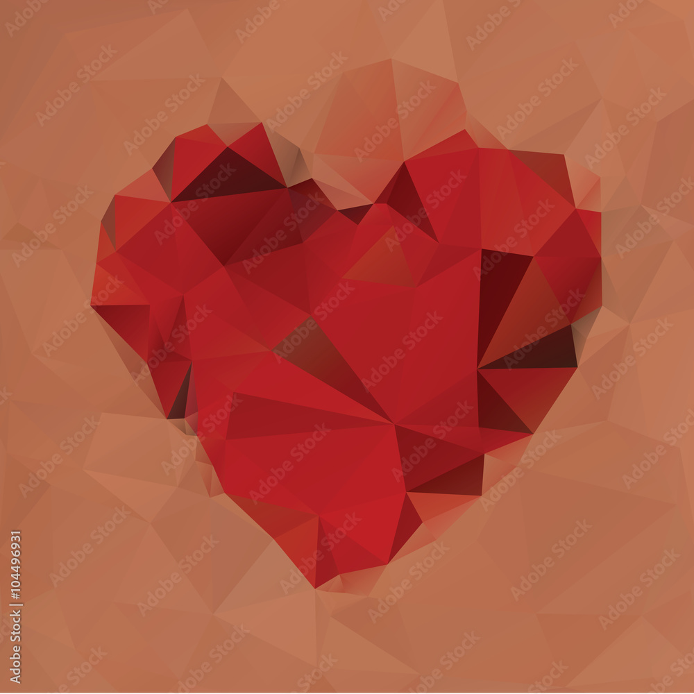 Red polygonal heart on brown background Red polygonal heart on brown background