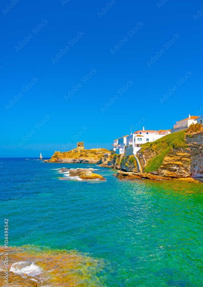 beautiful view to the sea from Chora, the capital of Andros island in Greece