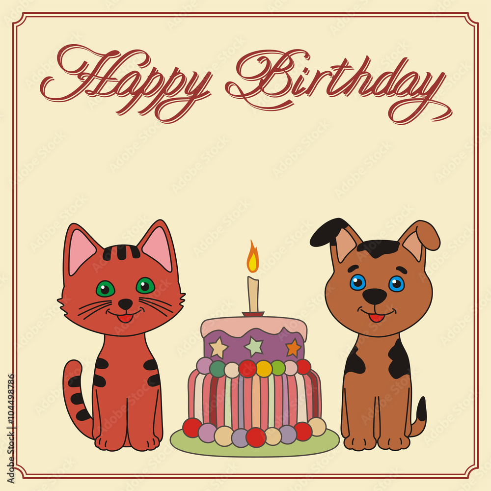 Fototapeta premium happy birthday card, funny kitten and puppy with birthday cake, handwritten text