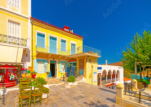 buildings and shops located around the main square of Chora, the capital of Andros island in Greece