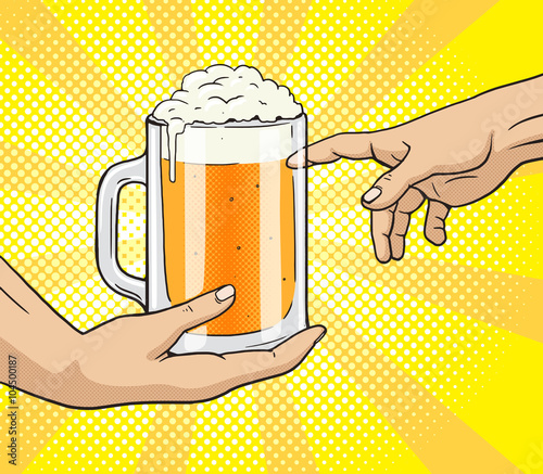 Hand gives mug of beer to other hand pop art