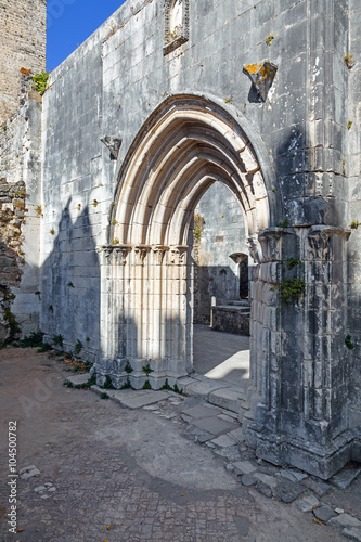 Gothic portal in the ruins of the Nossa Senhora da Pena Church  aka Santa Maria da Pena  inside the Leiria Castle. Leiria  Portugal.