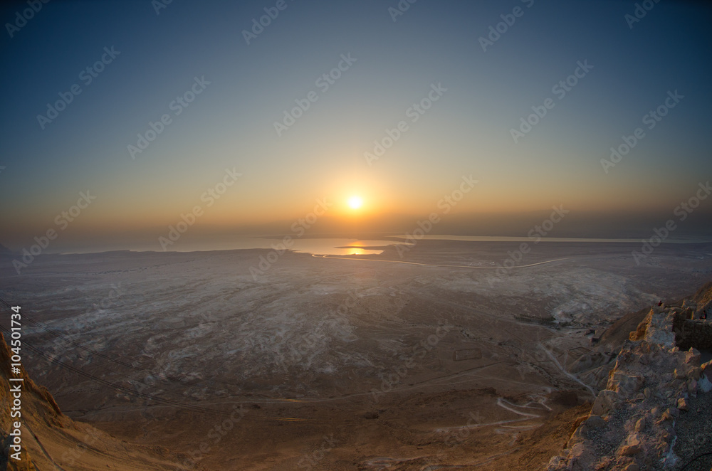 Masada sunrise. View on dead sea