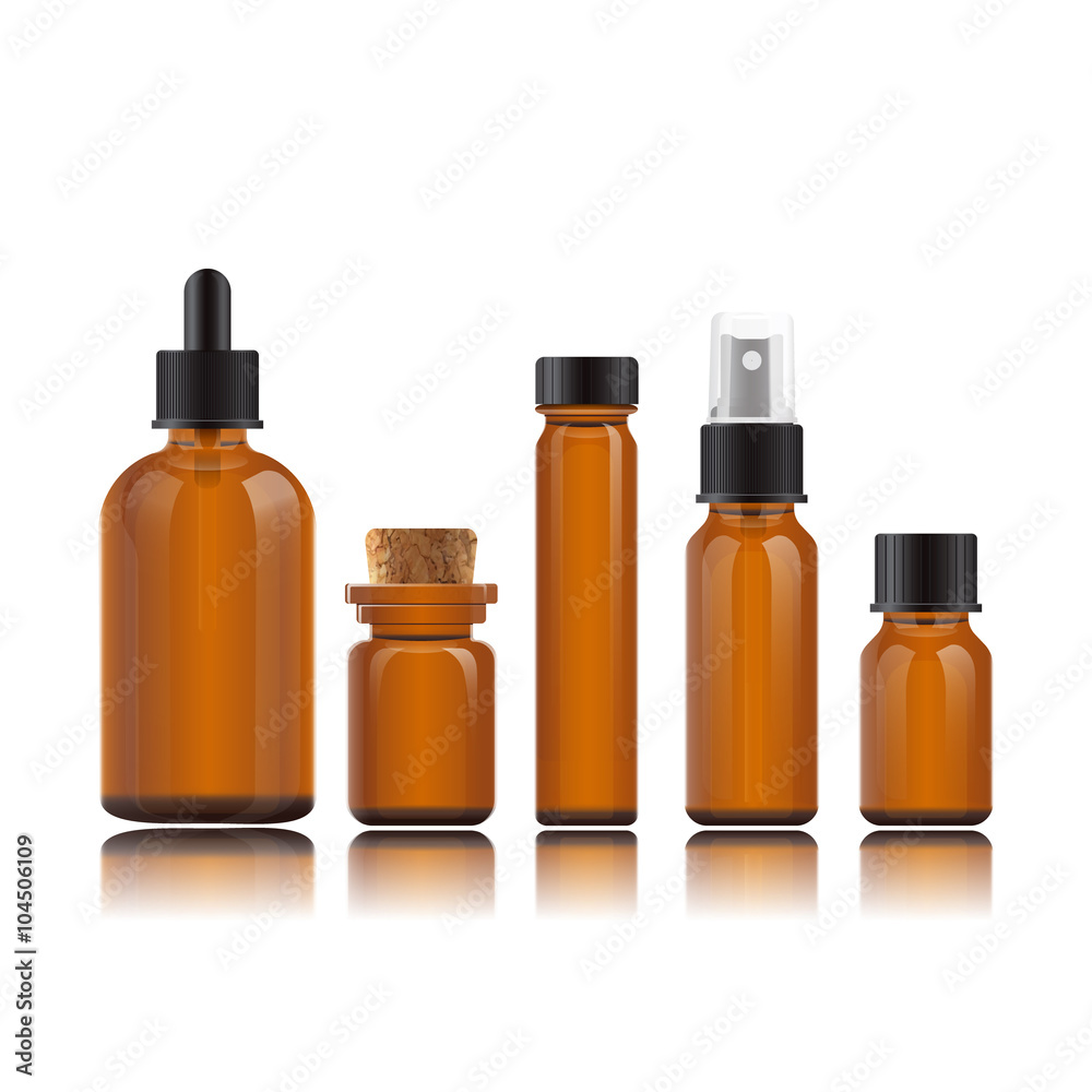 Vector realistic set bottles for essential oils or cosmetic preparations. Dropper bottle, vial with a bamboo cover, flask, spray bottle, jar. 