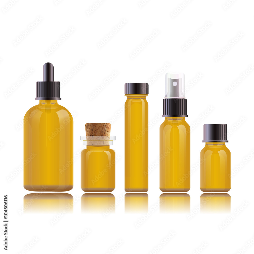 Realistic perfume set bottles for essential oils or cosmetic products. Dropper bottle, vial with a bamboo cover, flask, spray bottle, jar. 