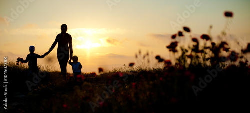 mother, children, family, sea, sunset, flowers, spring,   silhouette,  beautiful, women