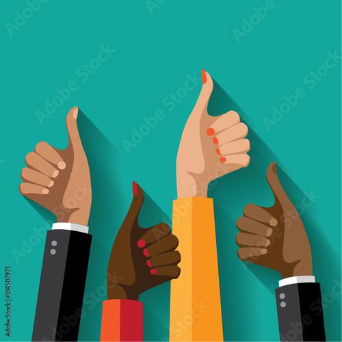 Flat design multicultural group thumbs up.