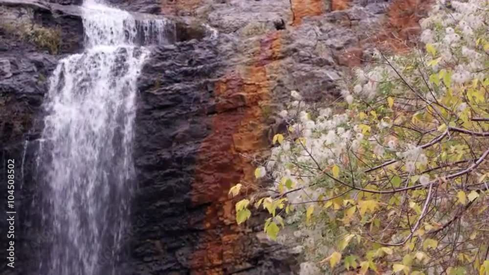 Panning left shot of a waterfall cascading over a cliff. Panning left shot of a waterfall cascading over a cliff.