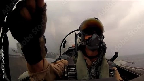 POV shot from jet fighter plane taking off from an aircraft carrier.
