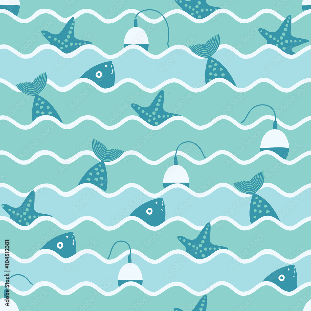 Vector seamless pattern of waves and fish