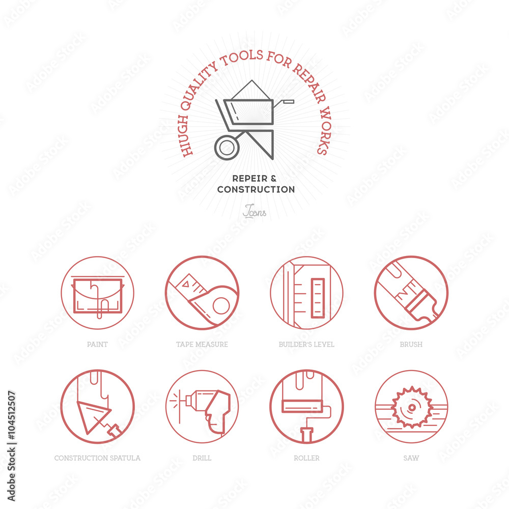 Flat Line Icons of Repair and Construction Industry Icons. Flat Line Icons of Repair and Construction Industry Icons.