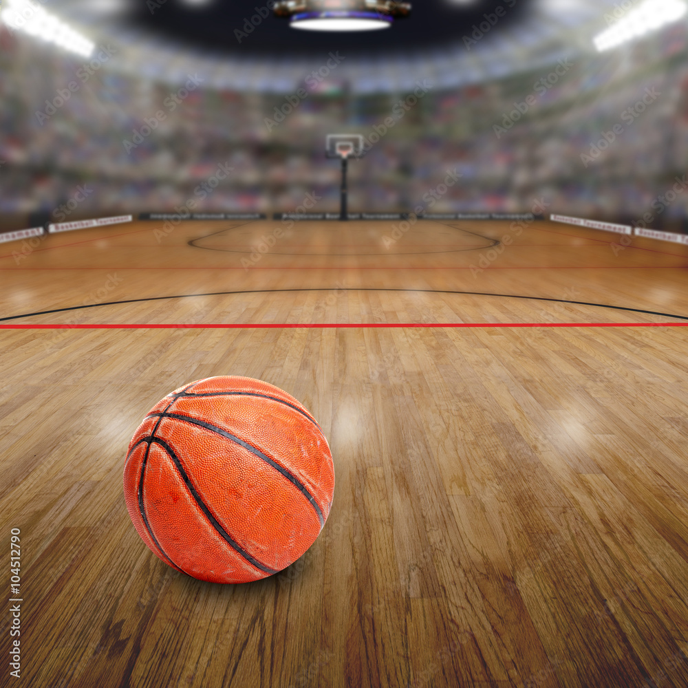 Fototapeta premium Basketball Arena With Ball on Court and Copy Space. Rendered in Photoshop.