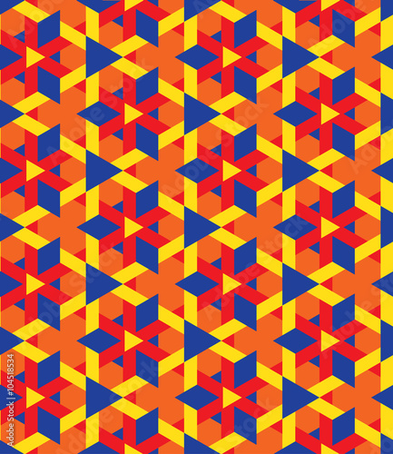 Decorative seamless geometrical pattern of triangles in blue, red, yellow and orange colors