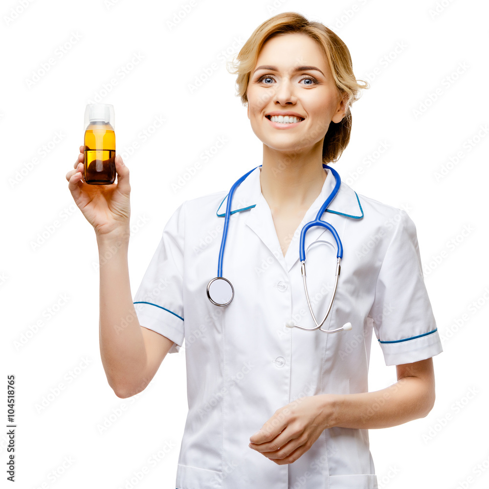 Woman doctor standing on white background