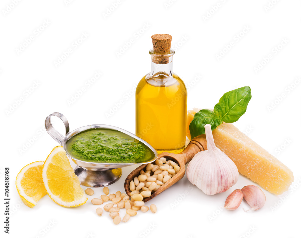 pesto sauce and its ingredients isolated on white