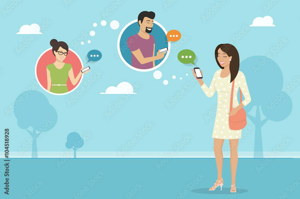 Smiling woman holds the smartphone in her hand and sending messages to friends via messenger app. Flat illustration of instant texting and data sharing 