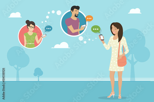 Smiling woman holds the smartphone in her hand and sending messages to friends via messenger app. Flat illustration of instant texting and data sharing © Julia Tim