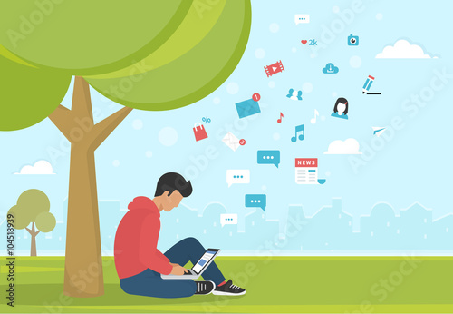 Young man sitting in the park under a tree and working with laptop. Flat modern illustration of social networking, searching and sending email and texting to friends