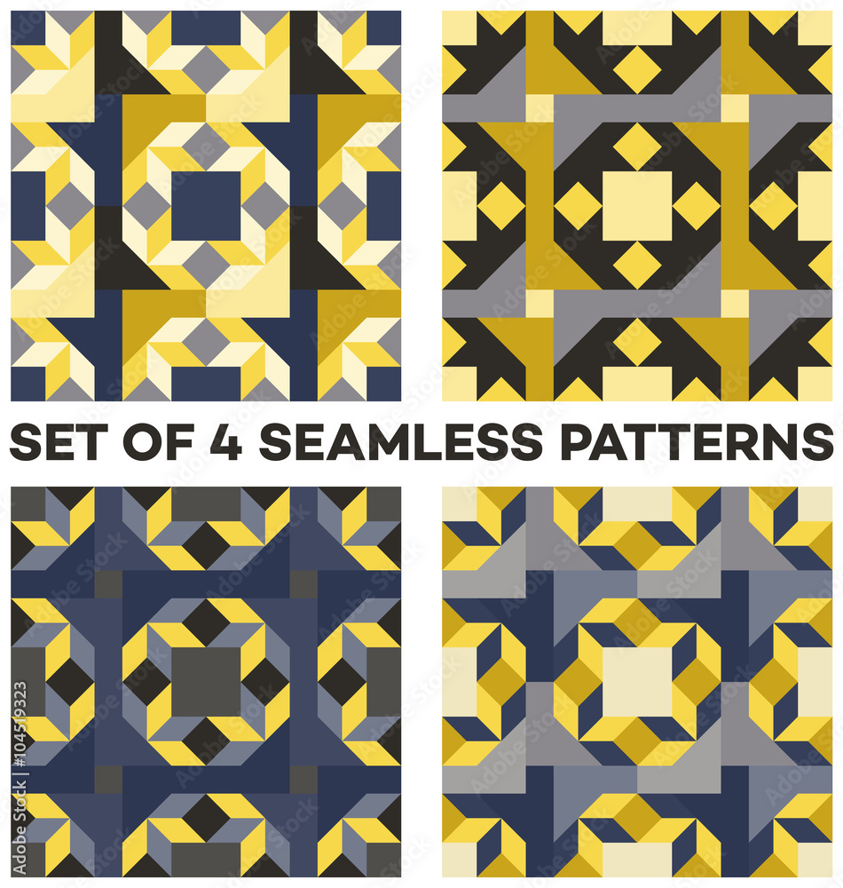 Set of 4 retro geometric seamless patterns with rhombus, triangle and square shapes of blue, golden, grey and black shades Set of 4 retro geometric seamless patterns with rhombus, triangle and square shapes of blue, golden, grey and black shades